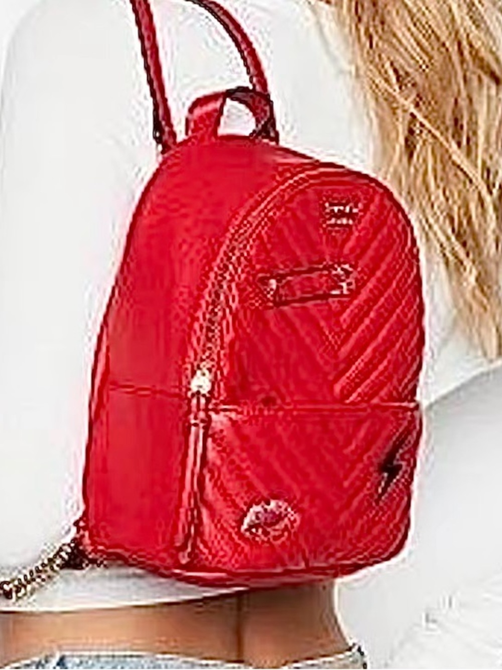 Victoria's Secret Red Quilted Mini Backpack with Patches - Picture 7 of 7